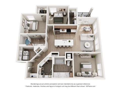 A 3D floor plan of a house with multiple rooms.